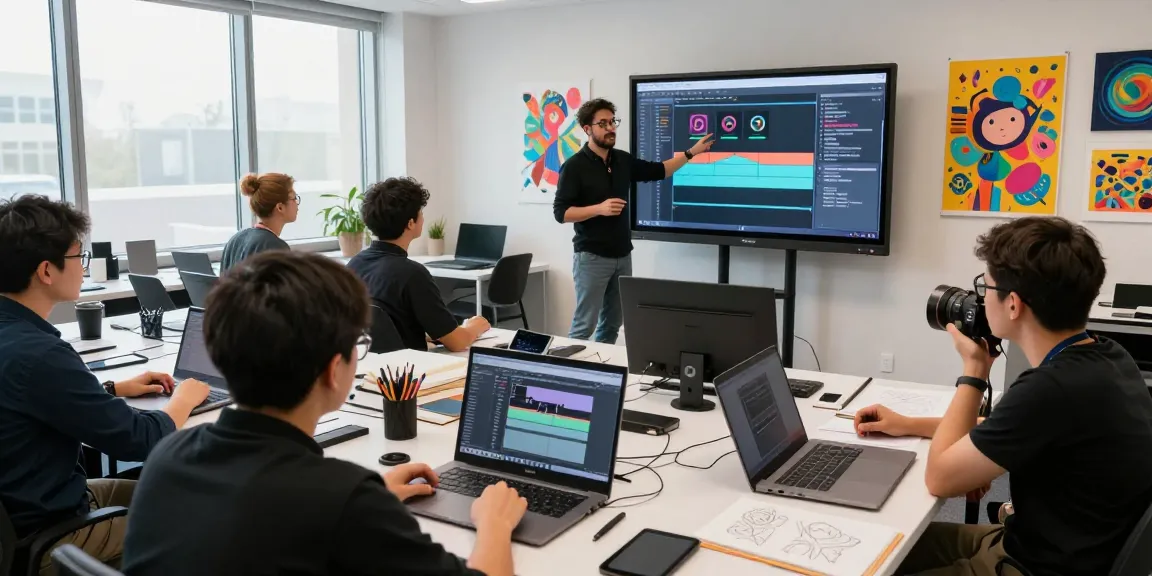 Motion design and VFX masterclass in a creative studio, showcasing students engaged in learning with digital tools and vibrant artwork.