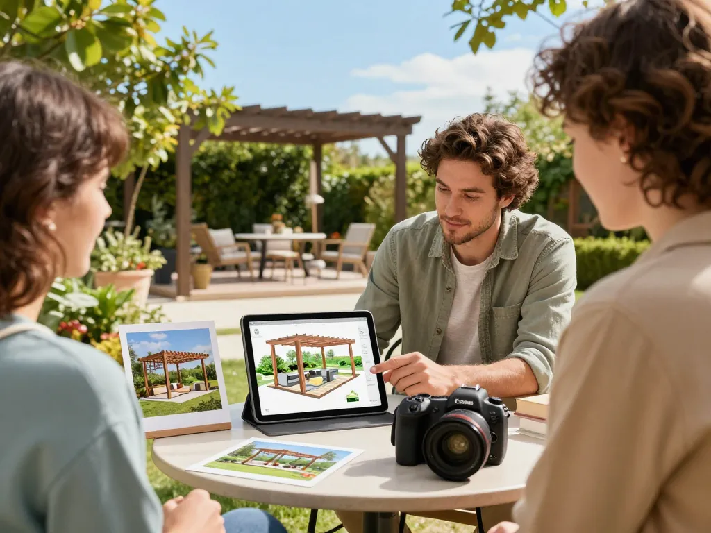Engaging view of a designer using Pergola Sales Software with clients in a beautiful outdoor setting.