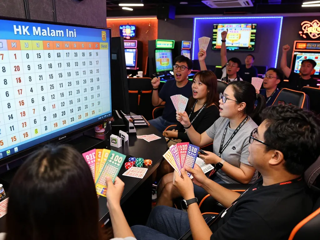 Excited togel players watching HK Malam Ini live draw in a vibrant gaming lounge.