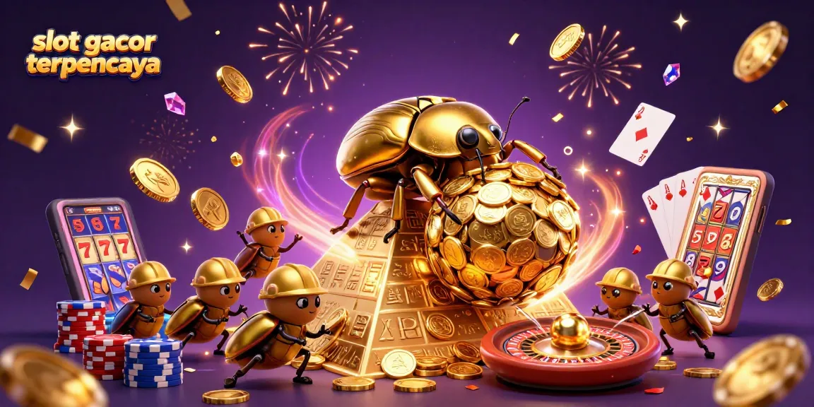 Experience the excitement of slot gacor terpercaya with a vibrant 3D scene of golden dung beetles symbolizing progress in gambling.