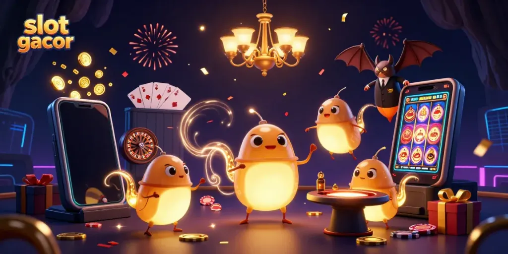 Experience the thrill of slot gacor gameplay in a vibrant 3D casino scene with glowing characters and lively decorations.