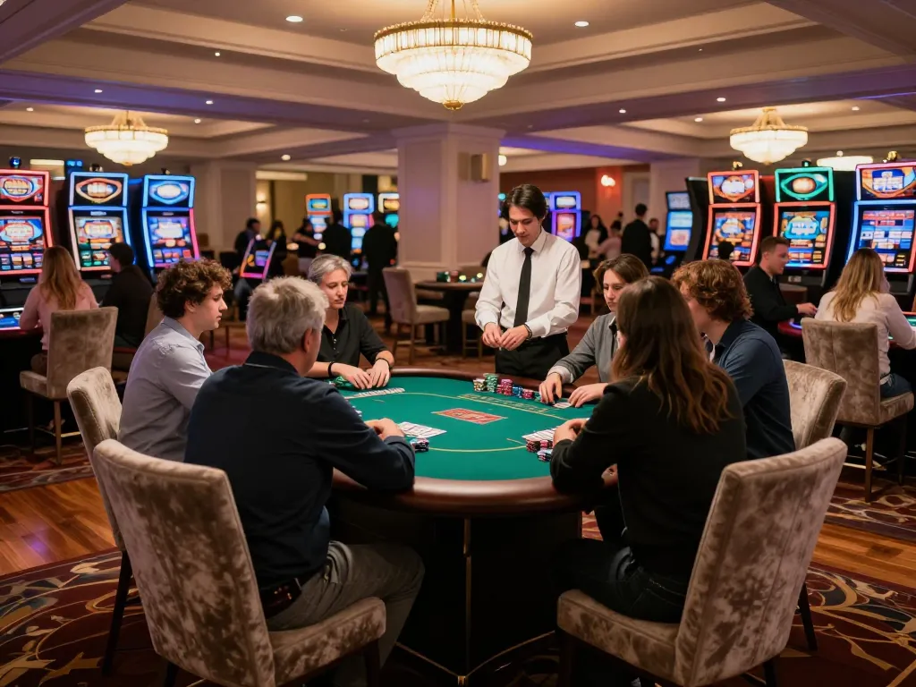 Players engaging in a high-stakes poker game at 888top casino, vibrant atmosphere, strategic gameplay