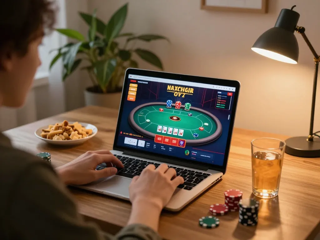 Engaging online poker gameplay image at home, inviting users to Link vào Jun88 for thrilling casino action