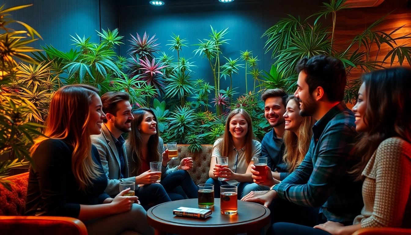Social atmosphere at a Cannabis Club Madrid with friends enjoying, warm lighting and greenery.