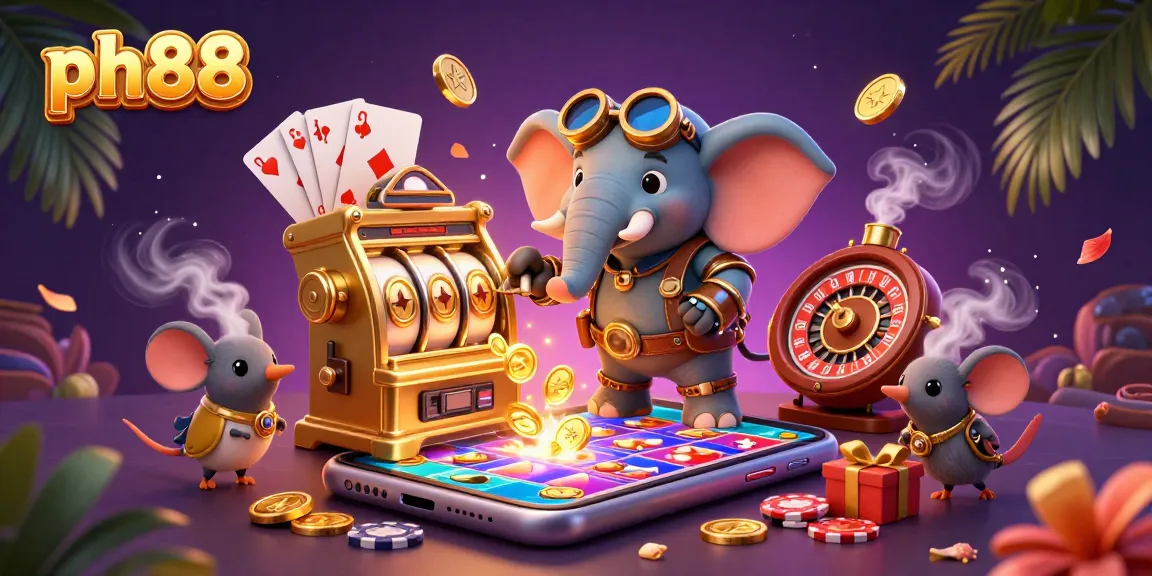 Engage with ph88, a thrilling online casino experience featuring animated gambling elements like slot machines, poker chips, and colorful games.