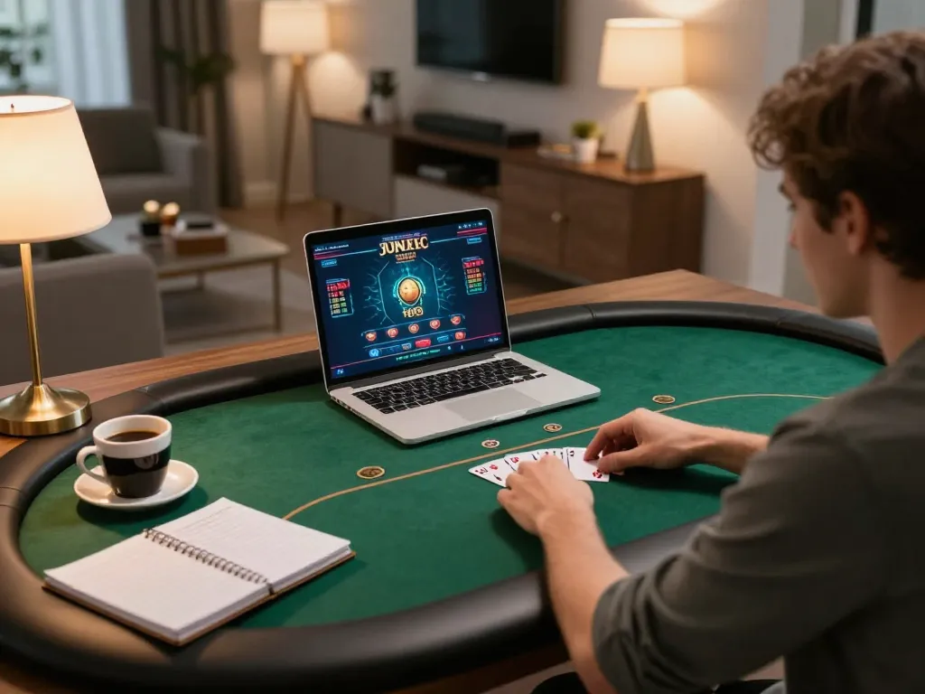 Engaging online poker game on Sunwin platform with strategic notes and warm home lighting.