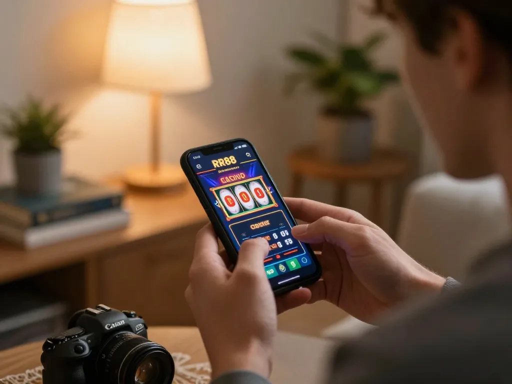 Player enjoying RR88 SELECT casino app on smartphone, spinning slots in cozy home setting.
