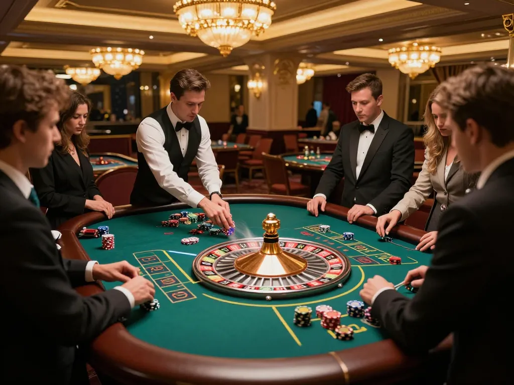 Paito macau gameplay at a roulette table in a luxury casino setting, showcasing players engaged in the betting process.
