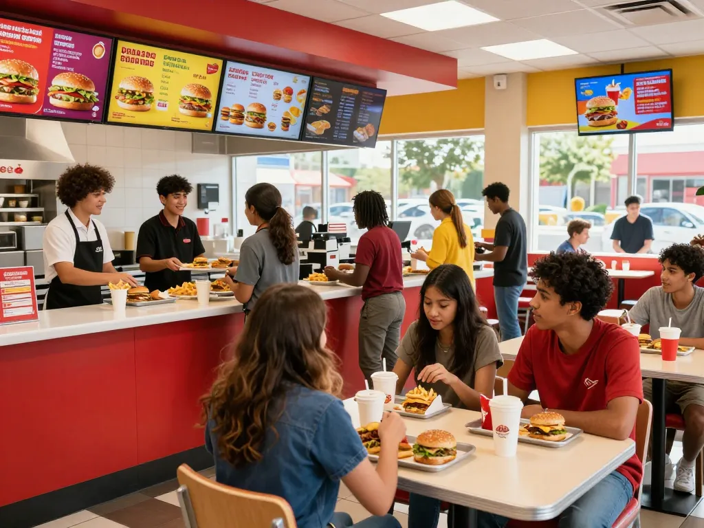 Fast food prices displayed on menu boards in a bustling restaurant atmosphere.