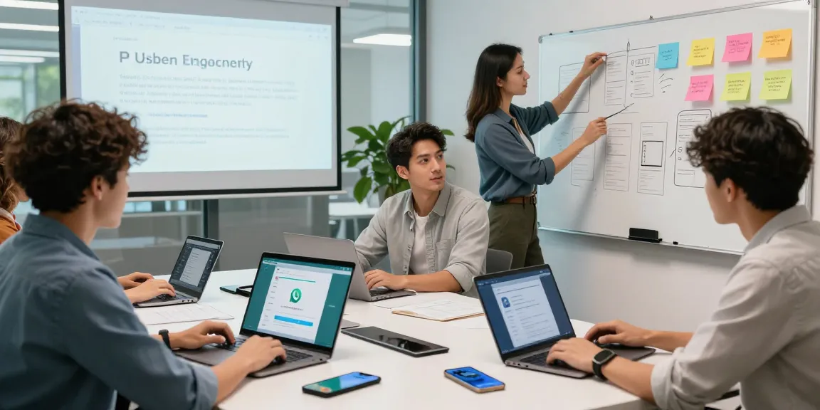 Team collaborating on WhatsApp下載 mobile app development in a modern workspace.
