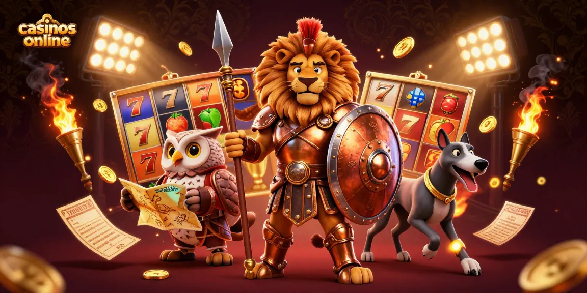 Jugando en casinos online: ilustración animada con un león, un búho y un galgo en un ambiente lleno de emoción y premios.