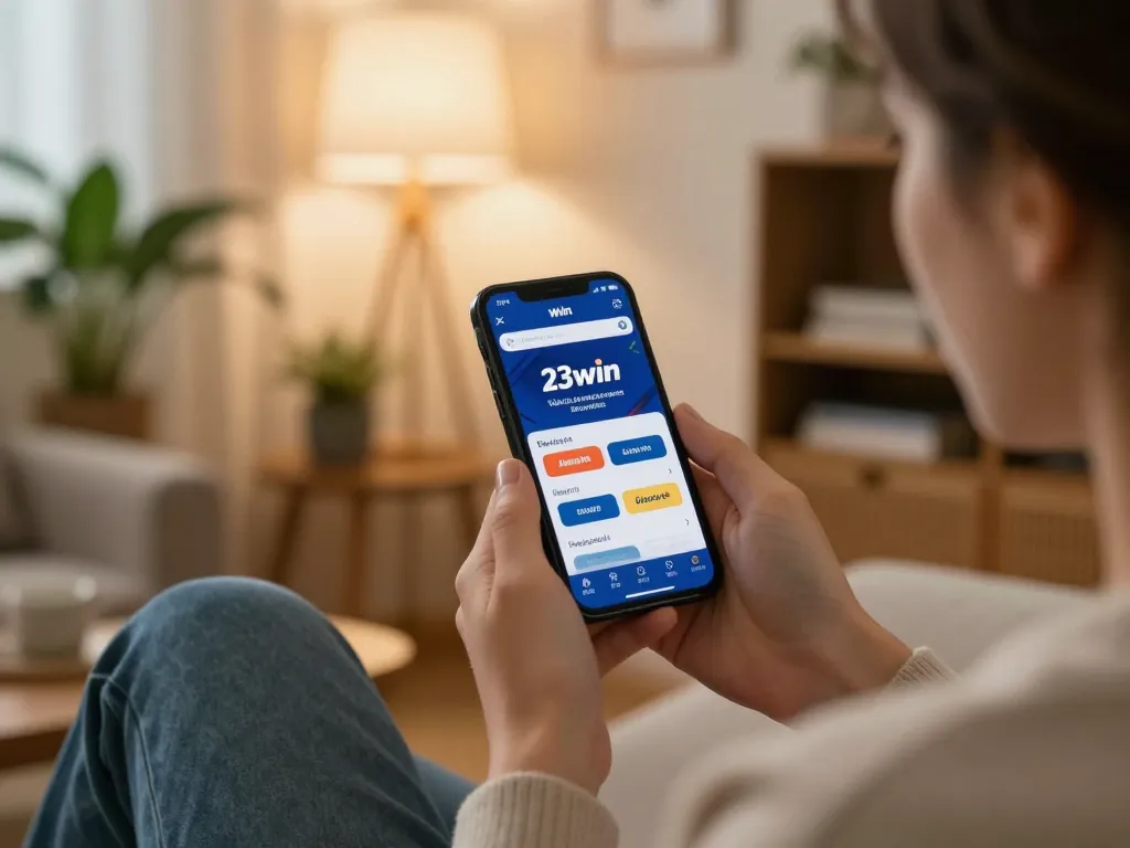 Engaging with the 23win app on smartphone for strategic mobile gambling.