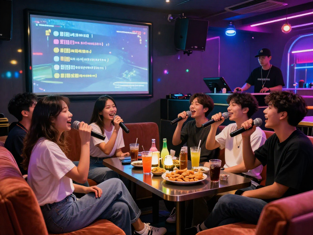 강남 디저트 가라오케에서 친구들과 즐거운 시간을 보내는 모습