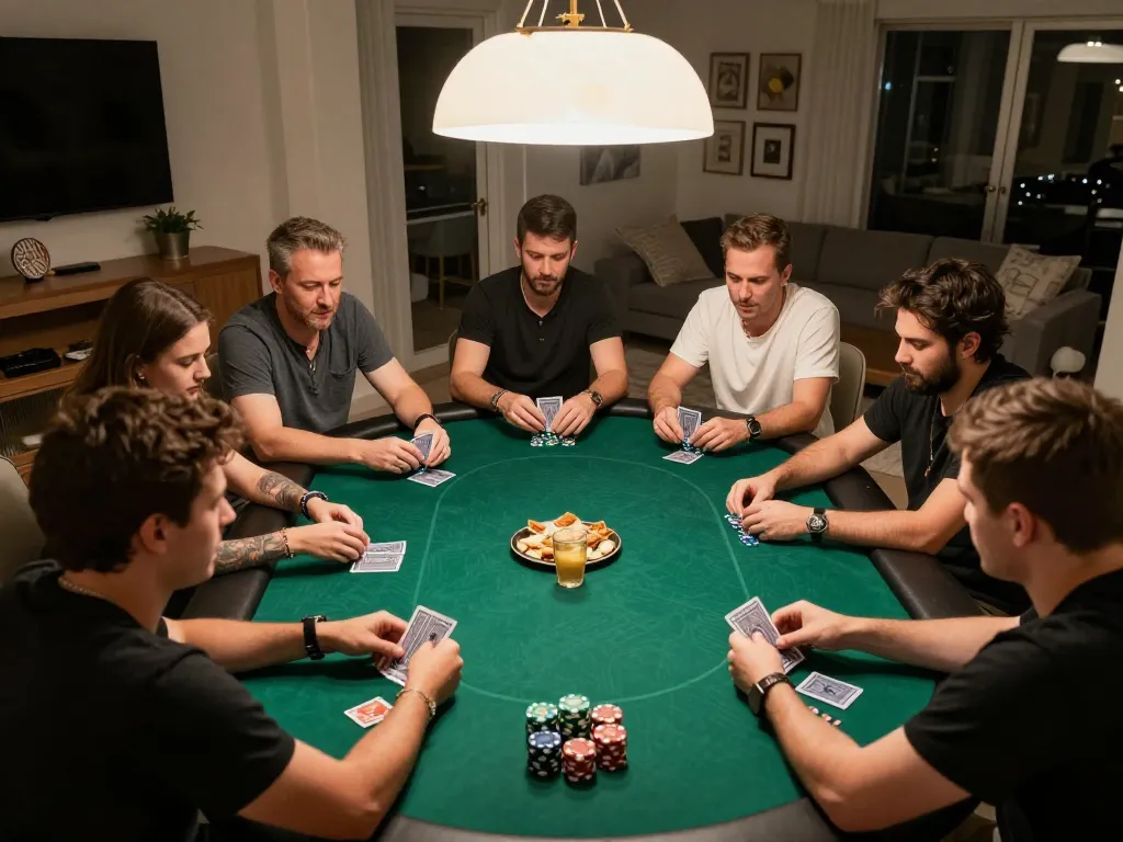 Players enjoying an intense poker game at home, showcasing UU88 strategy with stacked chips and serious gameplay.