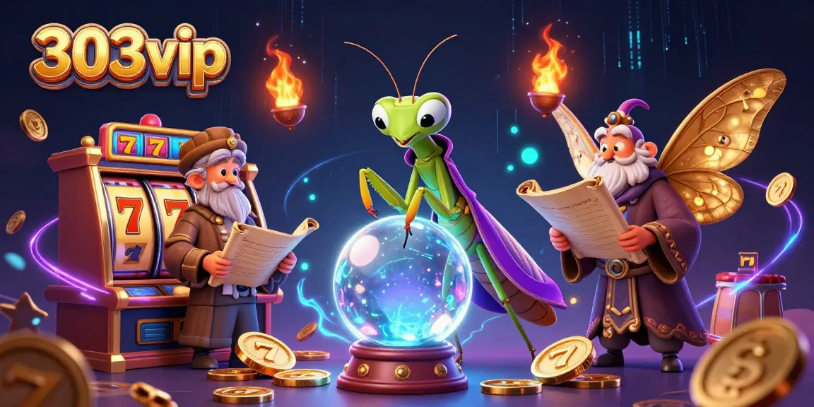 Engaging 303vip slot casino illustration showcasing a fortune teller with magical elements and slot symbols.