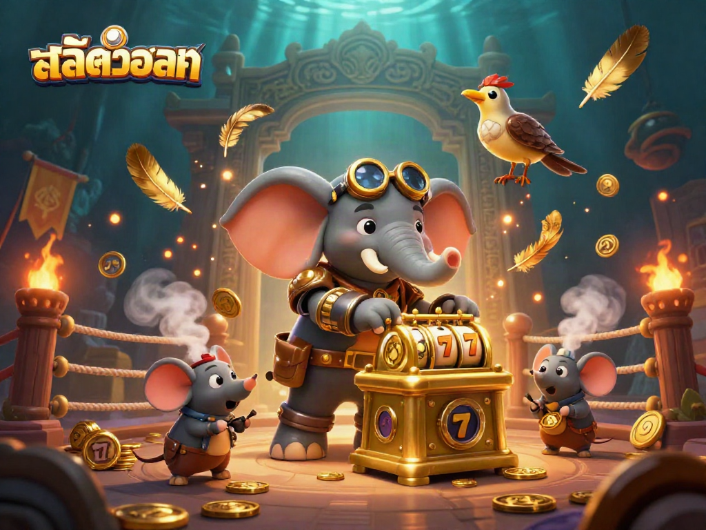 Engage with สล็อตวอเลท as the steampunk elephant engineer spins a golden slot machine amidst a vibrant gambling scene.
