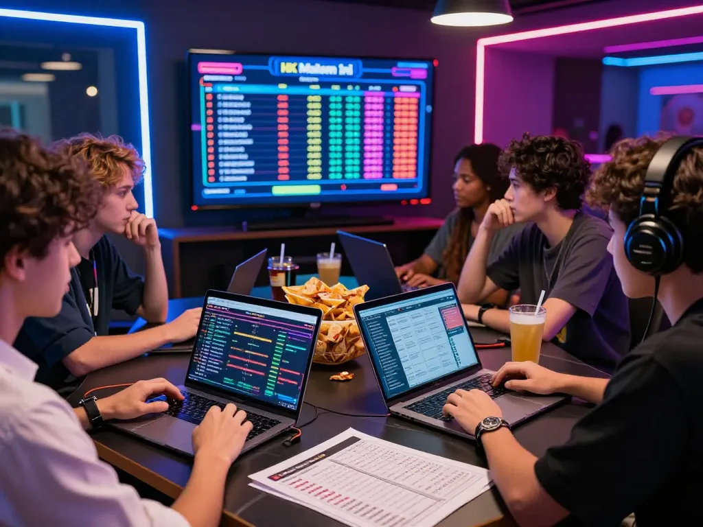 Enthusiastic players engaged in HK Malam Ini live betting scene with screens and betting materials.
