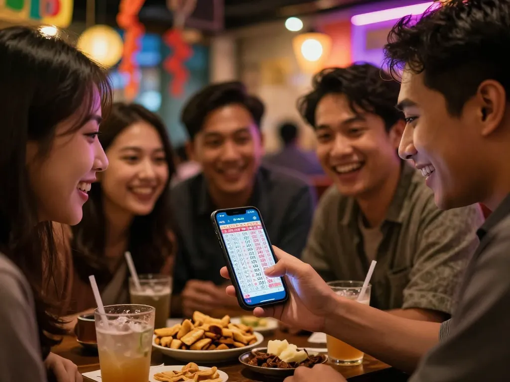 Excited group checking HK Malam Ini lottery results on smartphone during a festive gathering.