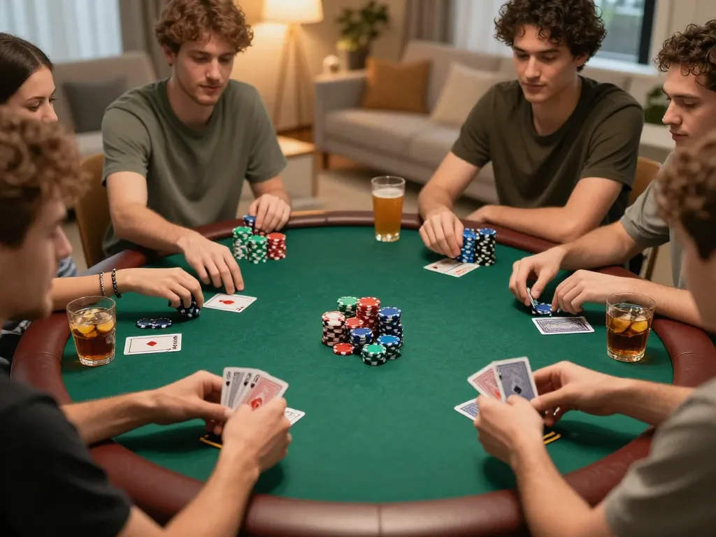 Online casinos Canada poker night with friends playing cards, chips stacked on a table
