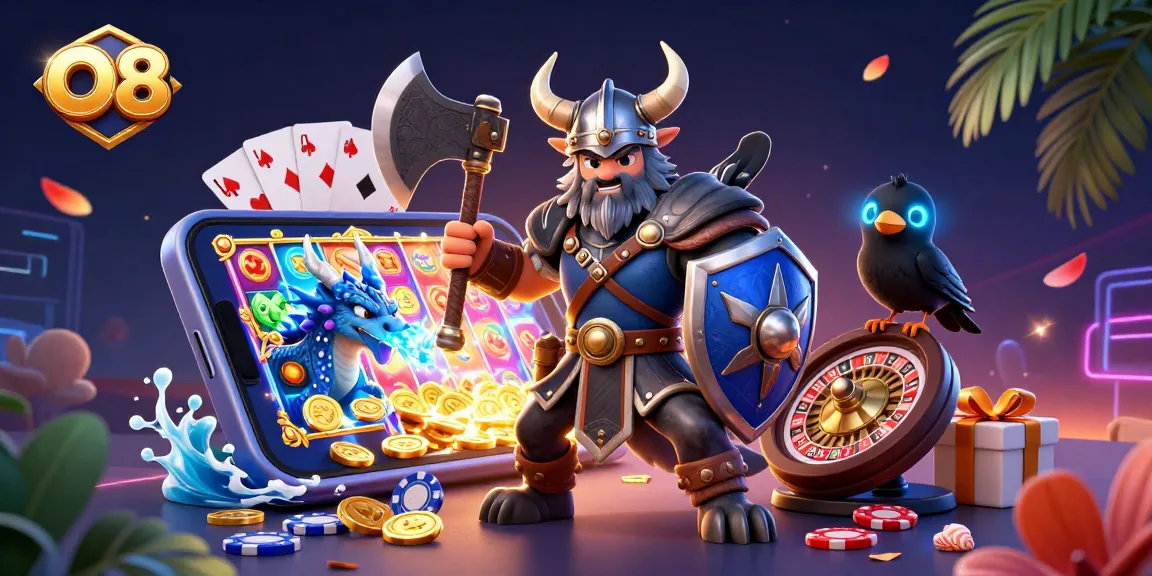 Engage in thrilling gameplay at O8 with an epic Viking warrior and dragon amidst vivid casino elements.