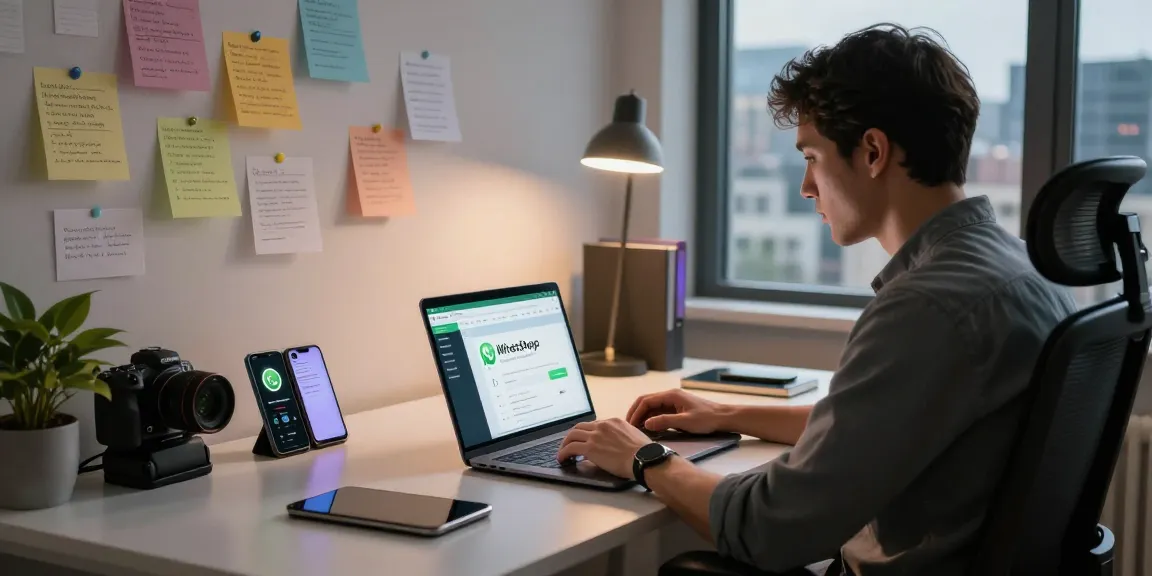 Using WhatsApp網頁版 on a laptop in a modern workspace filled with tech gadgets.