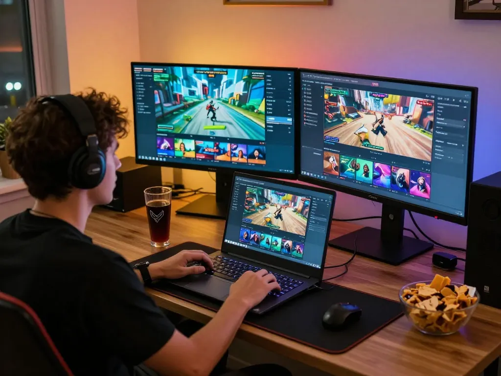 Engaging in online gaming on 888now, showcasing a dynamic home gaming setup with a laptop and multiple screens