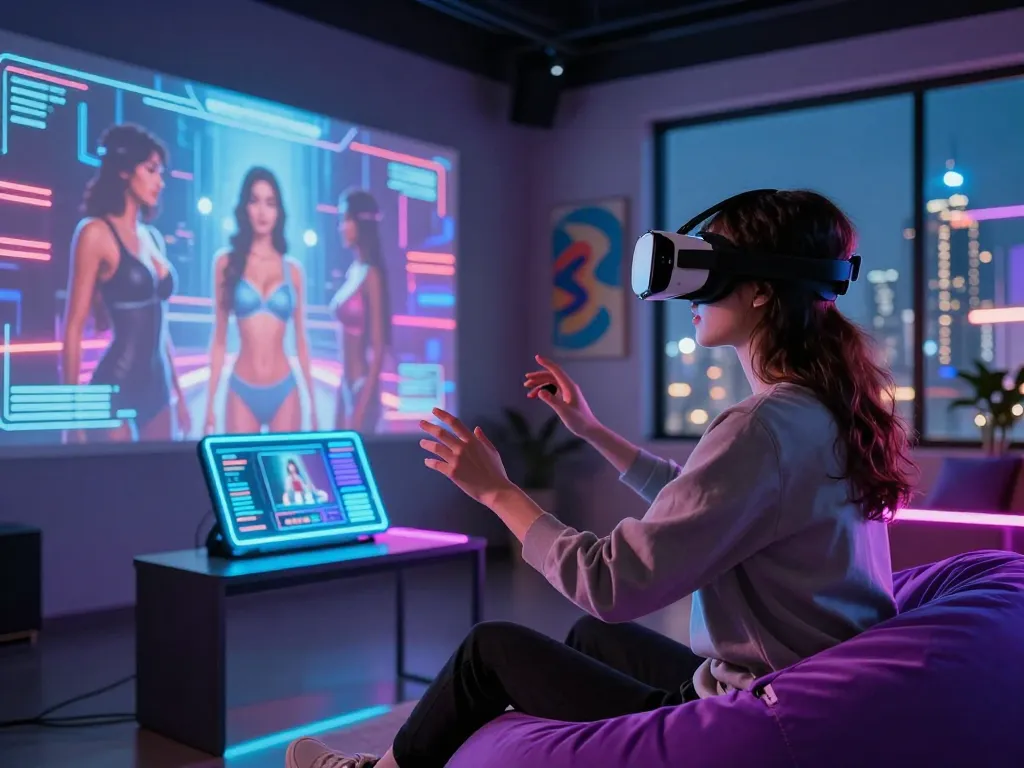 Immersive AI sex simulation experience in futuristic VR environment.