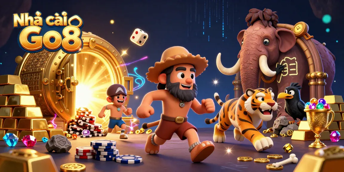 Engage with the dynamic atmosphere of Nhà cái Go8's vibrant prehistoric casino featuring a caveman and dinosaur.
