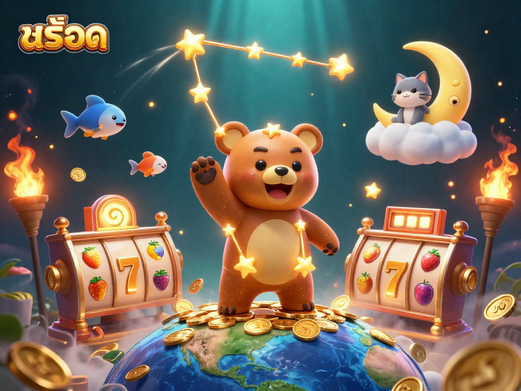 Experience exciting สล็อต gameplay with a constellation bear collecting coins alongside vibrant slot symbols.