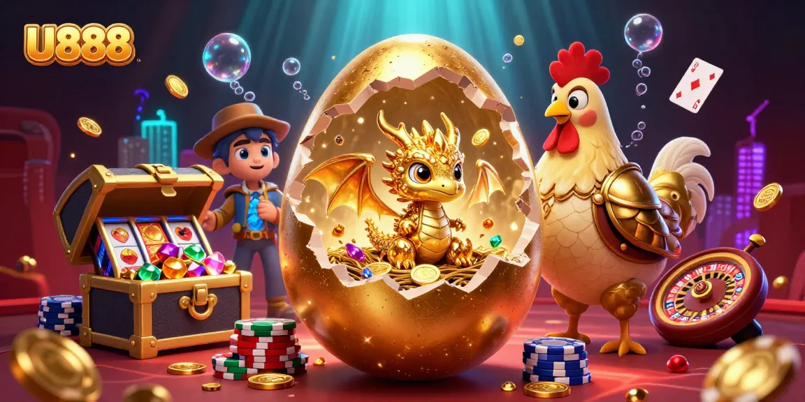 U888 engages players with a vibrant 3D casino scene featuring a golden dragon and dynamic game elements.