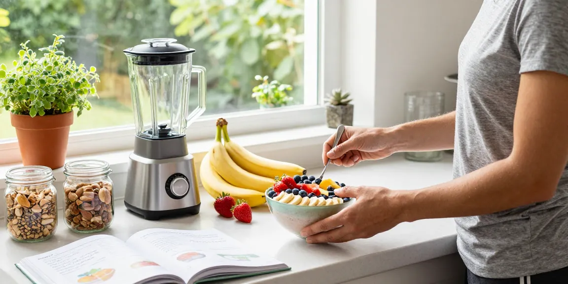 Engaging kitchen scene showing the best nutrition app in use while preparing a healthy smoothie bowl