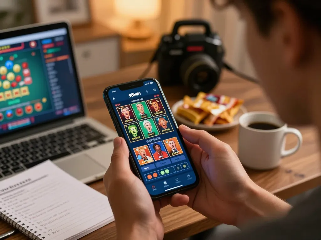 The app 98win engages players as they explore fun games on their smartphones in a cozy living room.