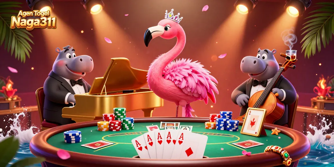 Agen Togel Naga311 captivates with flamingo singer at a piano and hippo bassist in a vibrant casino scene.