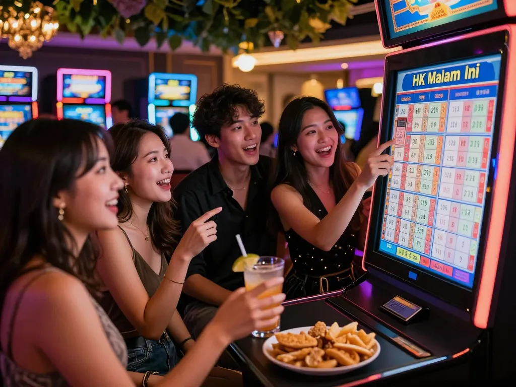 Check HK Malam Ini lottery results in a lively casino with friends celebrating