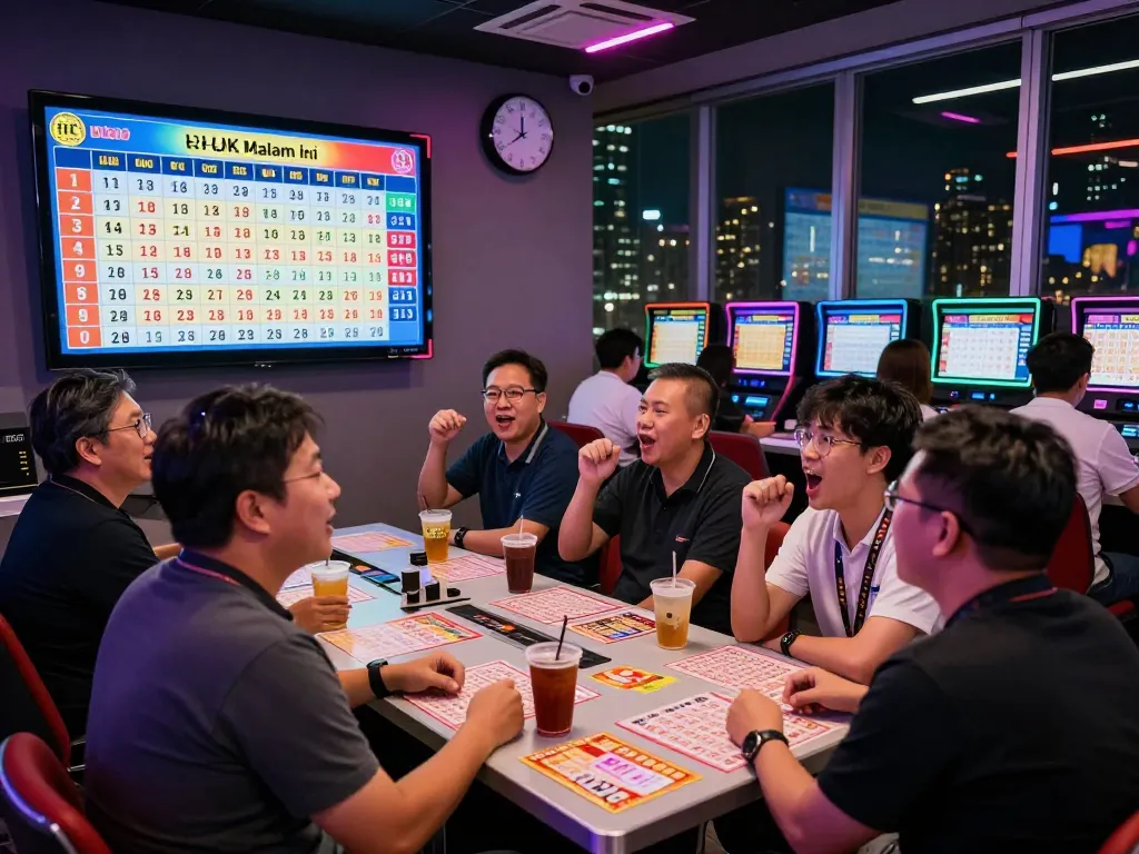 Group of excited players watching HK Malam Ini lottery draw results in a modern setting