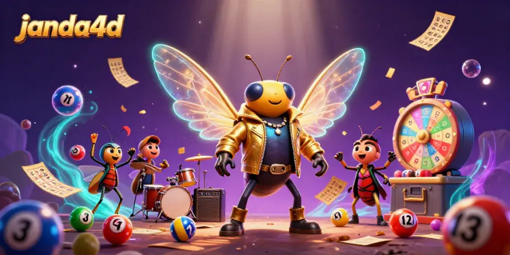 Ilustrasi janda4d yang dinamis dengan cicada rock star dan elemen permainan lotere menarik.
