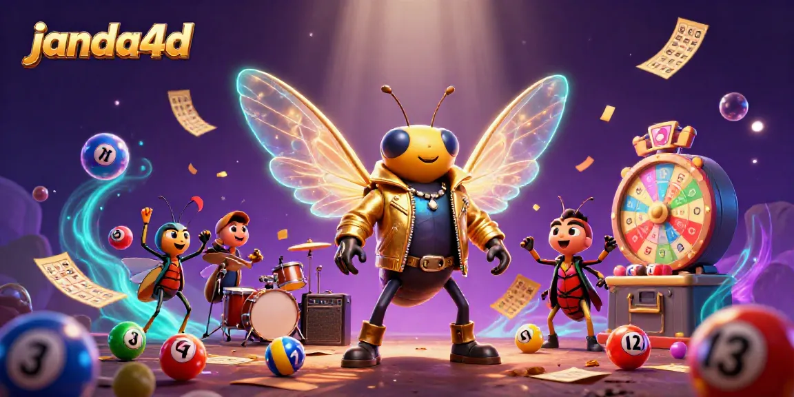 Ilustrasi janda4d yang dinamis dengan cicada rock star dan elemen permainan lotere menarik.