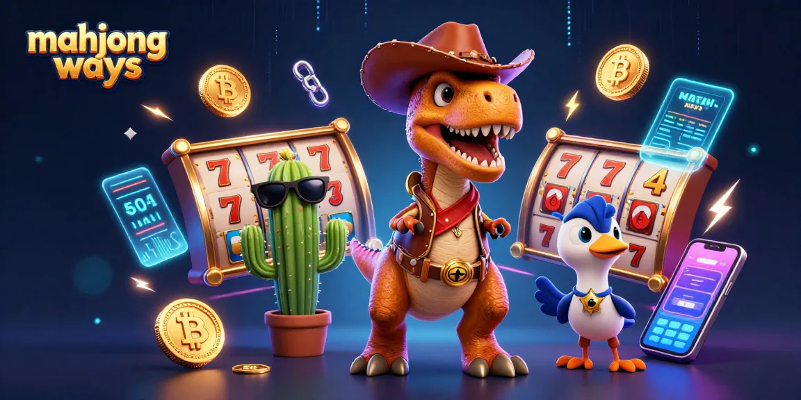 Win big with mahjong ways in this vibrant slot game illustration featuring a dynamic T-Rex and casino elements.