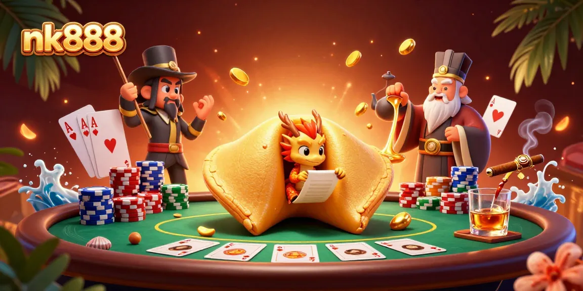 Experience nk888's rich gaming vibe with a golden fortune cookie, poker elements, and playful characters.
