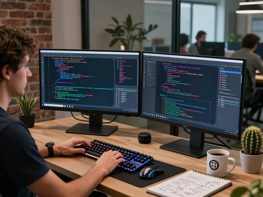 Developer coding an IODeFi smart contract in a modern tech workspace with multiple screens and vibrant details.