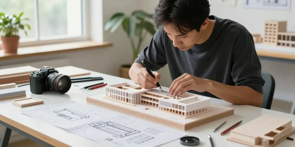 Präzises Arbeiten im Architektur Modellbau Dresden mit verschiedenen Materialien und Werkzeugen.