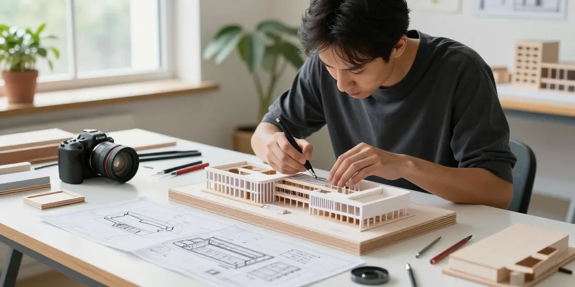 Präzises Arbeiten im Architektur Modellbau Dresden mit verschiedenen Materialien und Werkzeugen.