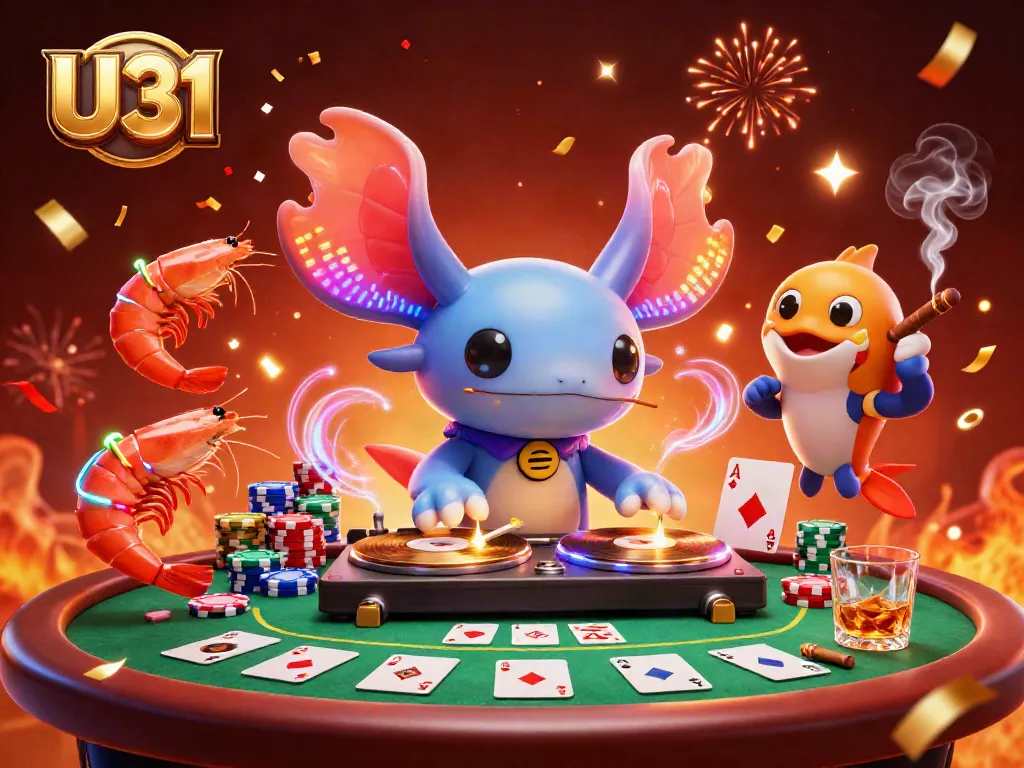 Engage with U31's vibrant casino scene featuring an axolotl DJ and festive poker elements.