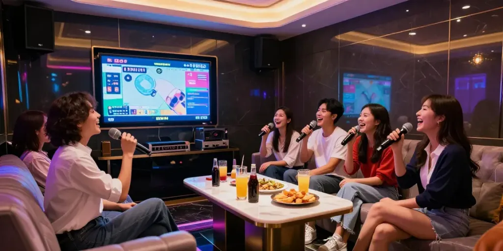 강남 달토 가라오케의 고급스러운 실내 인테리어와 친구들이 함께 노래하는 모습