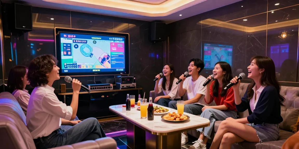 강남 달토 가라오케의 고급스러운 실내 인테리어와 친구들이 함께 노래하는 모습