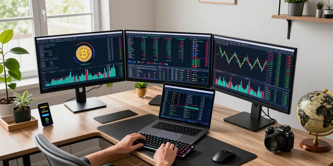 Best bitcoin cloud mining site displayed on monitors in a sophisticated crypto trading workspace with Bitcoin metrics and portfolio charts