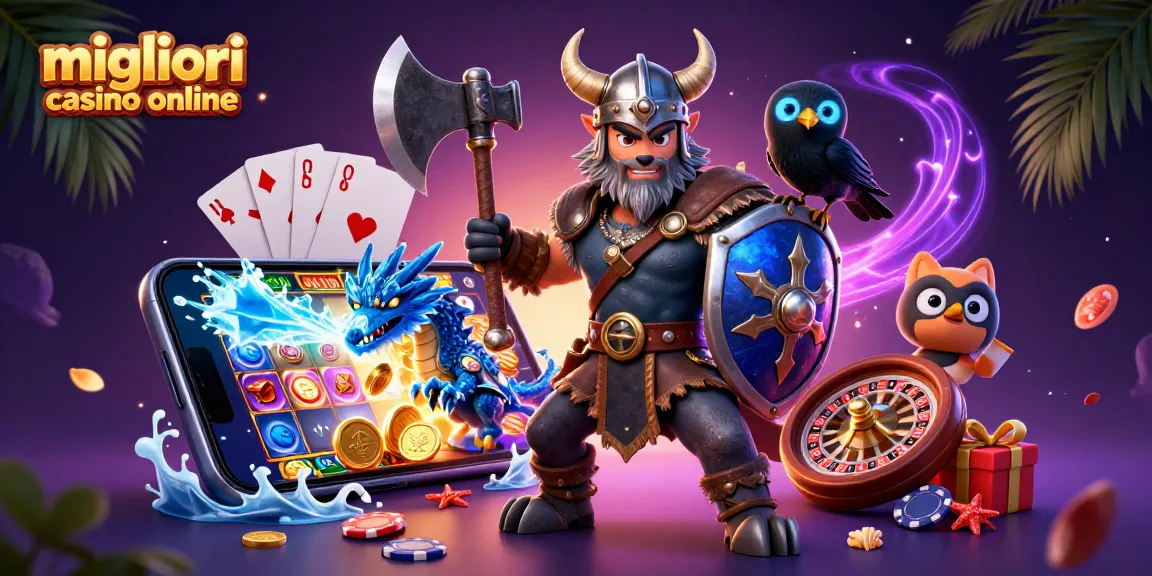 Illustrazione dettagliata dei migliori casino online con un lupo vichingo e un drago, con giochi di casino e slot
