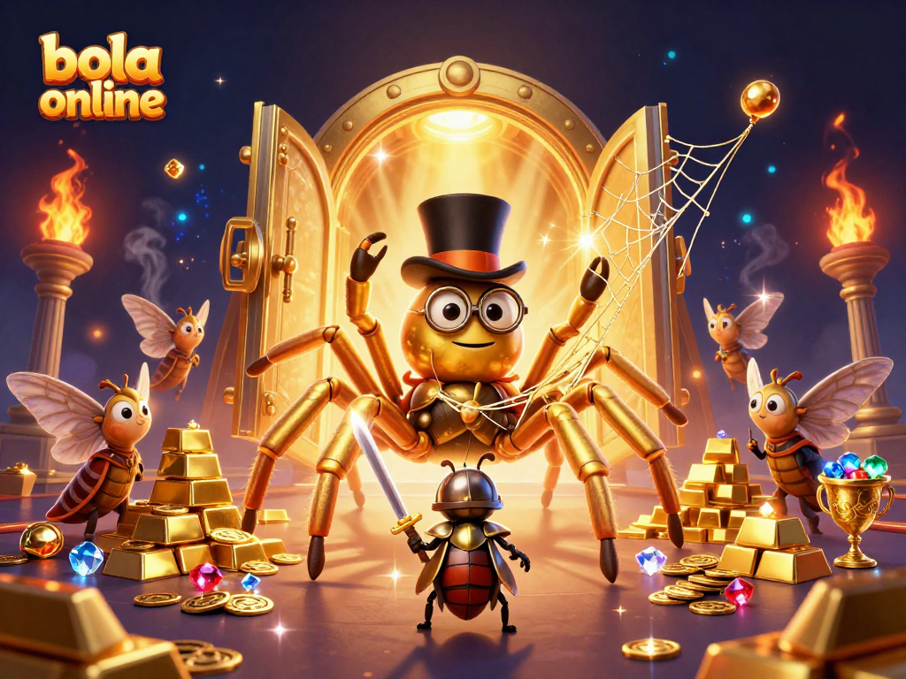 Bola online game showcases a fearless beetle knight battling a giant golden tarantula in a vibrant casino setting.