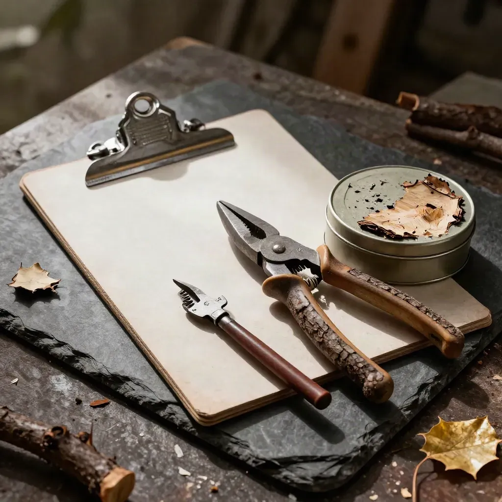 Clipboard, loppers, and bark sample tin on slate with dramatic light and haze