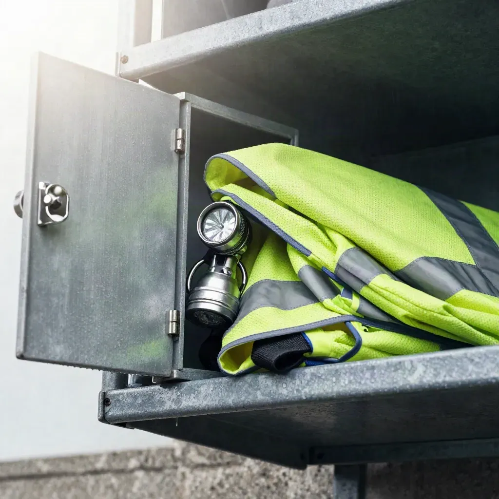 Storm kit still life: steel key locker, folded safety vest, and flashlight on wet metal.